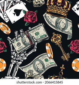 Casino And Money Vintage Seamless Pattern With Falling Dollar Bills Gambling Chips Crown Playing Cards Dice Roses Gold Antique Key Skeleton Hand With Stack Of One Hundred US Notes Vector Illustration