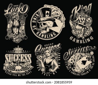 Casino monochrome labels with skeleton jack of clubs roulette wheel royal flush of spades poker hands dice crown pretty poker lady skull smoking cigar skeleton gambler isolated vector illustration