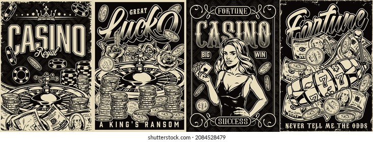 Afiches de época monocroma con ruedas de ruleta monedas roses billetes en dólares fichas de juego atractiva máquina de póquer dama máquina tragaperras con suerte siete jackpot ilustración vectorial