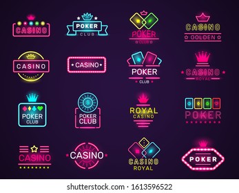 Casino neon badges. Poker club game logo colored lighting vegas style vector set