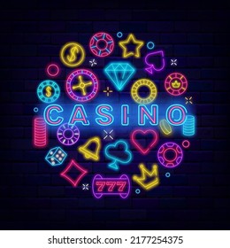 Casino neon circle layout with headline text. Online game signboard. Jackpot emblem with shiny icons. Game of chance round label. Bright logo. Vector stock illustration