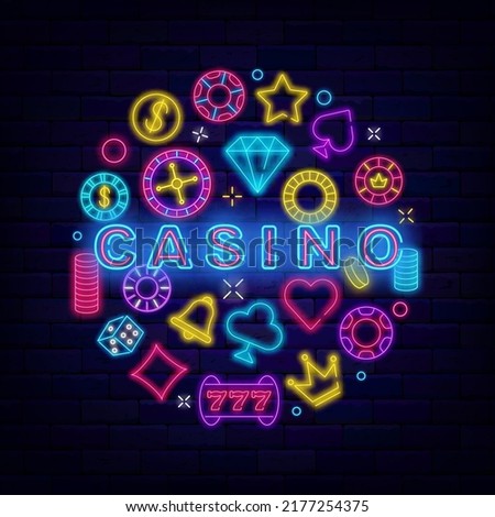 Casino neon circle layout with headline text. Online game signboard. Jackpot emblem with shiny icons. Game of chance round label. Bright logo. Vector stock illustration