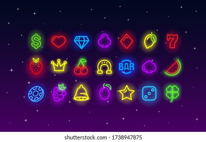 Casino neon collection icons, slot sign set, night Vegas. Vector illustration