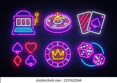 Casino neon collection vector icons. Casino Emblems and Labels, Bright Neon Sign, Slot Machine, Roulette, Poker, Dice Game. Vector illustration