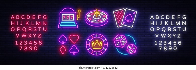 Iconos vectoriales de colección de neones de casino. Casino Emblems and Labels, Bright Neon Sign, Slot Machine, Roulette, Poker, Dice Game. Ilustración vectorial. Editar signo de neón de texto