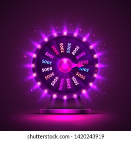 La rueda de la fortuna del casino neon colorido. fondo morado. Ilustración del vector