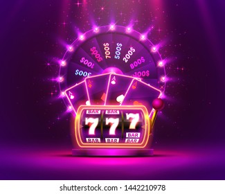 Casino Neon Colorful Fortune Wheel, Neon Slot Machine, Playing Cards Wins The Jackpot. Vector Illustration