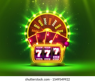 Casino neon colorful fortune wheel, Neon slot machine, Playing Cards wins the jackpot. Vector illustration