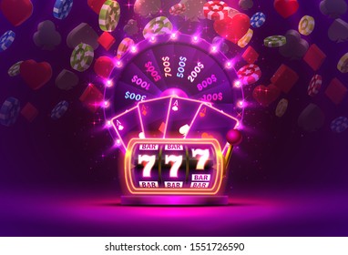 Casino neon colorful fortune wheel, Neon slot machine, Playing Cards wins the jackpot. Vector illustration