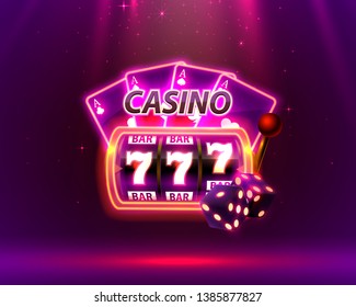 Casino Neon cover, slot machines and roulette with cards, Scene background art. Vector illustration