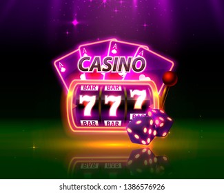 Casino Neon cover, slot machines and roulette with cards, Scene background art. Vector illustration