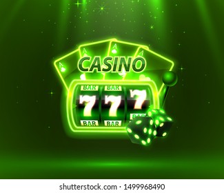 Casino Neon cover, slot machines and roulette with cards, Scene background art. Vector illustration