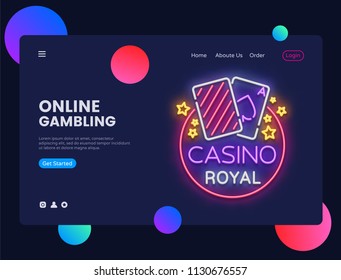 Casino neon creative website template design. Vector illustration Casino concept for website and mobile apps, business apps, marketing, neon banner, Online Gambling