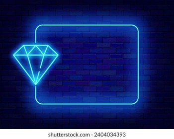 Casino neon flyer. Diamond symbol and empty blue border. Birthday party celebration. Jewelry shopping. Bonus and surprise. Winning concept. Copy space. Editing text. Vector stock illustration