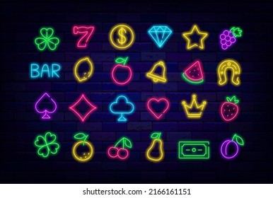 Casino neon icons bundle. Slot machine signs. Poker and gambling element. Playing cards emblems collection. Jackpot and winner concept. Glowing shiny logo. Editable stroke. Vector stock illustration