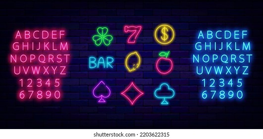 Casino neon icons collection. Clover and dollar coin. Luminous pink and blue alphabet. Slot machine and poker signs. Jackpot design. Shiny logo set. Vector stock illustration