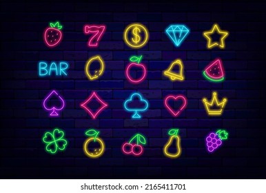 Casino neon icons collection. Fruits on slot machine signs. Gambling element. Playing cards emblems set. Jackpot and winner concept. Glowing shiny logo. Editable stroke. Vector stock illustration