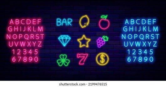 Casino neon icons collection. Glowing pink and blue alphabet. Slot machine signs. Jackpot and winner concept. Shiny logo set. Editable stroke. Vector stock illustration