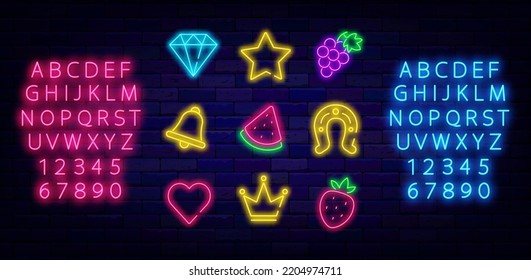 Casino neon icons collection. Glowing pink and blue alphabet. Slot machine signs. Crown, horseshoe and bell. Jackpot and winner concept. Shiny items set. Editable stroke. Vector stock illustration