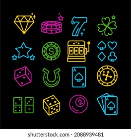 Casino neon icons. Neon-style templates. Vector illustration in doodle