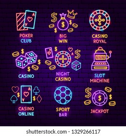 Casino Neon Label Set. Vector Illustration of Game Promotion.