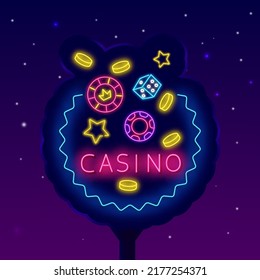 Casino Neon Label. Shiny Street Billboard. Falling Chips And Dice. Gambling Concept. Chance Game Emblem. Glowing Badge On Brick Wall. Bright Logo. Vector Stock Illustration