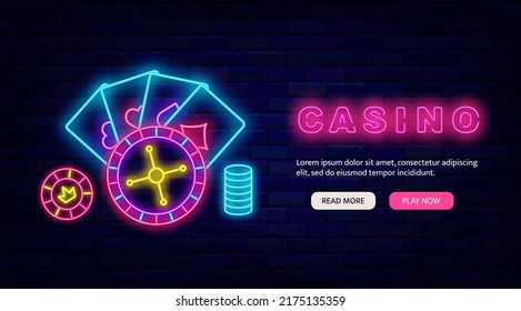 Casino neon landing page. Website template. Internet gambling game. Roulette, playing cards and chips. Winner concept. Glowing flyer promotion on brick wall. Editable stroke. Vector stock illustration