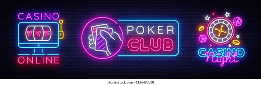 Casino Neon Logos collection Vector. Poker Club neon sign, design template, Casino online, modern trend design, casino neon signboard, night bright advertising, light banner, light art. Vector