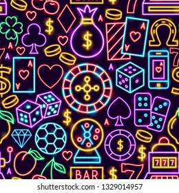 Casino Neon Seamless Pattern. Vector Illustration of Game Background.