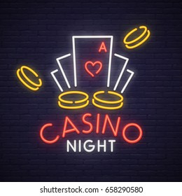 Casino neon sign, bright signboard, light banner. Casino logo, emblem