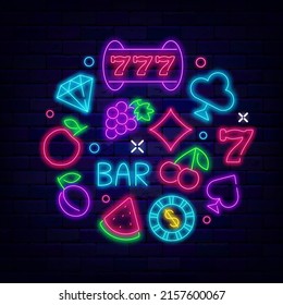 Casino neon sign. Circle layout with icons. Jackpot concept. Gambling online design. Winner concept. Risk idea. Slot machine emblem. Bright logo. Editable stroke. Vector stock illustration