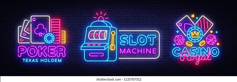 Casino Neon sign collection design vector template. Casino, Poker Night Logo, Slot Machine, Bright Neon Signboard, Design Element for Casino, Gambling Neon, Bright Night Advertising. Vector