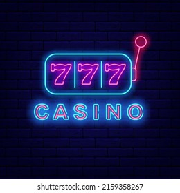 Casino neon sign. Jackpot with seven numbers. Game of chance badge. Gambling concept. Winner design. Risk idea. Glowing logo. Editable stroke. Vector stock illustration