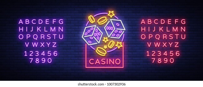 Casino is a neon sign. Neon logo, emblem gambling, bright banner, neon casino advertising for your projects. Night light billboard, design element. Vector illustration. Editing text neon sign