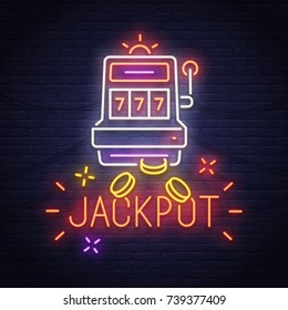 Casino neon sign. Slots. Jackpot. Neon sign, bright signboard, light banner.