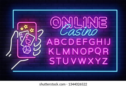 Casino neon sign vector design template. Casino Online neon frame, light banner design element colorful modern design trend, night bright advertising. Vector illustration. Editing text neon sign