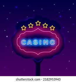 Casino neon sign with vintage frame and stars. Nght street billboard. Gambling concept. Poker badge. Bright logo. Promotion advertising. Editable stroke. Vector stock illustration