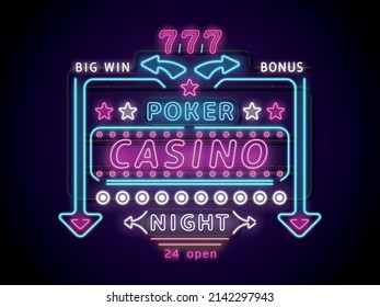 Casino neon signboard. Realistic gambling bright luminous stand. Advertising glowing emblem. Poker time. Jackpot win. Electric light billboard with stars. Risky card game