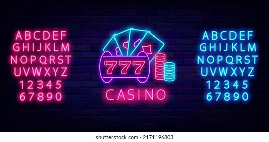 Casino neon signboard. Shiny blue and pink alphabet. Slot machine, chips and poker. Gambling concept. Glowing label on brick wall. Bright logo. Editable stroke. Vector stock illustration