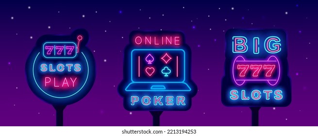 Casino neon signboards collection. Jackpot with seven numbers. Big slots emblem. Glowing street billboards pack. Shiny advertising. Game design. Vector stock illustration