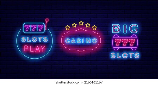 Casino neon signs collection. Big slots. Winner concept. Glowing jackpot badge. Gambling concept on brick wall background. Editable stroke. Vector stock illustration