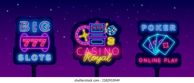 Casino neon signs collection. Big slots and Royal casino, Glowing street billboards set. Poker online game. Shiny advertising. Vector stock illustration