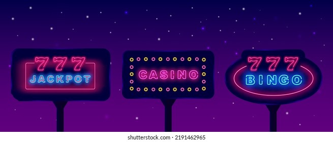 Casino neon signs collection. Bingo emblem. Jackpot with seven numbers emblem. Light street billboards pack. Shiny advertising. Game online. Vector stock illustration