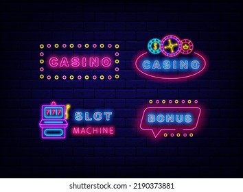 Casino neon signs collection. Bonus emblem in speech bubble frame. Slot machine label. Glowing jackpot badge. Gambling concept on brick wall background. Editable stroke. Vector stock illustration