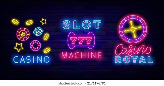 Casino neon signs collection. Game online. Slot machine label. Glowing jackpot badges. Gambling concept on brick wall background. Editable stroke. Vector stock illustration