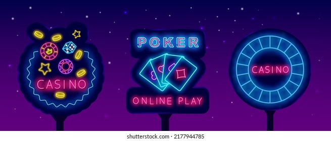 Casino neon signs collection. Glowing street billboards set. Poker online game. Falling casino chips. Shiny advertising. Vector stock illustration