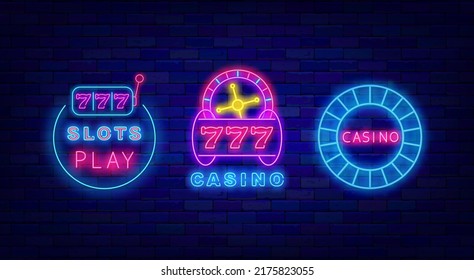 Casino neon signs collection. Light advertising. Slots play in circle frame. Game online. Casino chips. Glowing jackpot badges. Gambling concept on brick wall background. Vector stock illustration