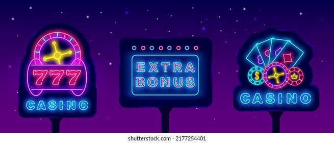 Casino neon signs collection. Light street billboards pack. Shiny advertising. Extra bonus banner. Game online. Casino chips. Glowing jackpot with seven. Vector stock illustration