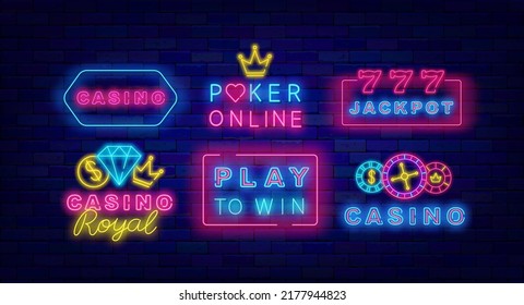 Casino neon signs collection. Play win in frame. Poker online. Glowing jackpot badge with seven. Gambling labels set on brick wall background. Vector stock illustration