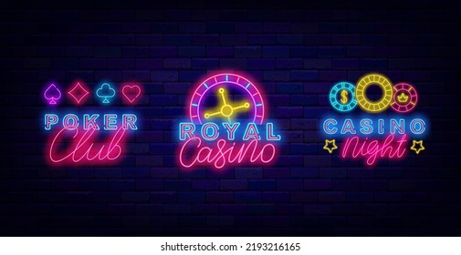 Casino neon signs collection. Poker club. Royal casino with roulette. Glowing jackpot badge. Gambling concept on brick wall background. Editable stroke. Vector stock illustration